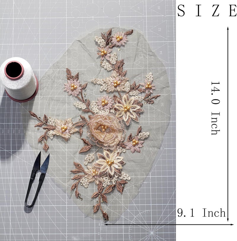 Silvora 3D Embroidered Flower Fabric Beaded Pearl Lace Applique, Handmade Sewing Tool for DIY Wedding Bridal Dress Floral Costume Patch Decor(Gold) - Image 4
